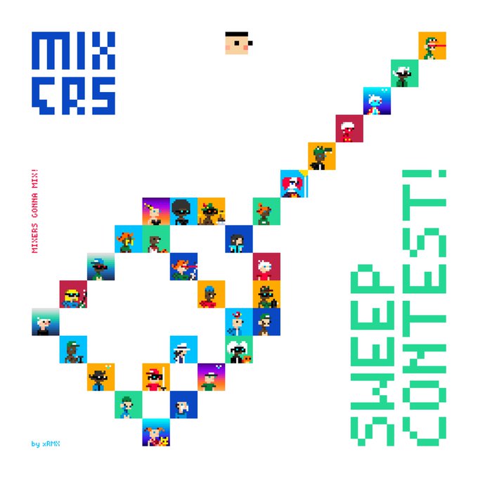A promotional poster for 'MIXERS' displaying pixel-art characters arranged in a diagonal pattern with the text 'MIXERS GONNA MIX!' and 'CHECKER CONTEST' prominently featured.