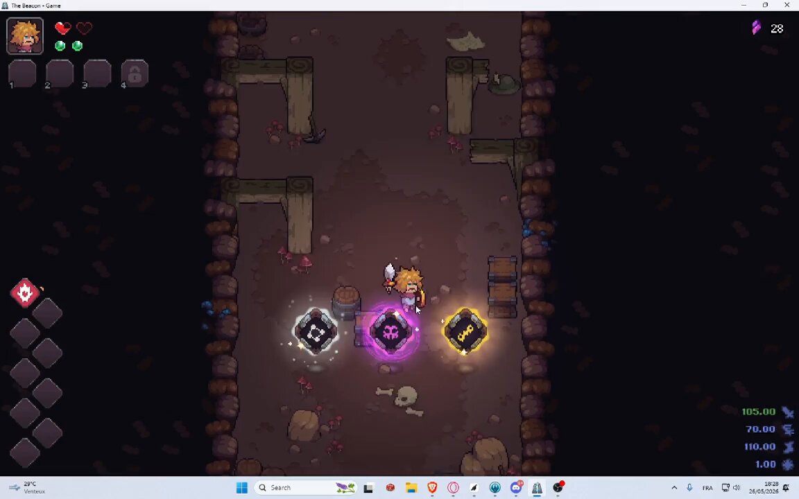 A screenshot of a video game screen showing three rooms, each containing a different colored item or character. The player has just entered one of these rooms with a purple item. A post about a new season for @The_Beacon_GG is also visible in the image.