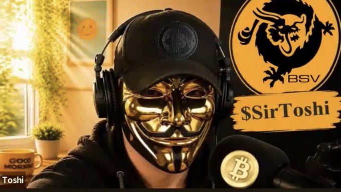 A YouTube thumbnail featuring a person wearing a gold Guy Fawkes mask, headphones, and a black cap, with BSV logo, '$SirToshi' text, 'GOOD MORNING' mug, and a Bitcoin microphone.
