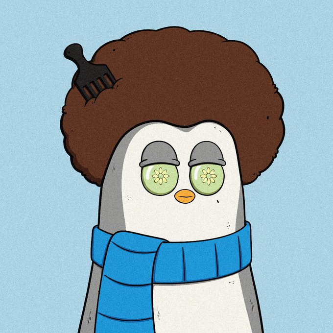 A cartoon illustration of a penguin-like character with a large brown afro, a comb tucked in its hair, and a blue scarf, featuring flower-like pupils.