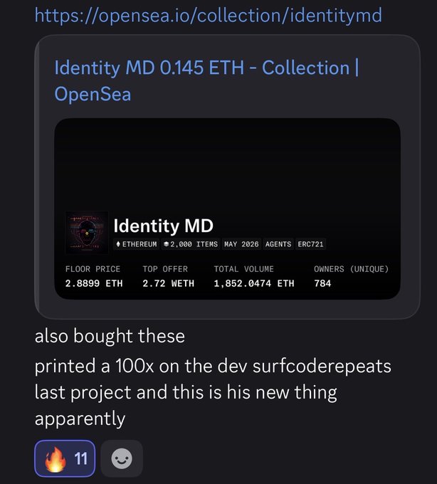 A screenshot of an OpenSea collection page for 'Identity MD' (priced at 0.145 ETH, Ethereum blockchain) includes a message stating 'also bought these printed a 100x on the dev surfcoderepeats last project and this is his new thing apparently'.