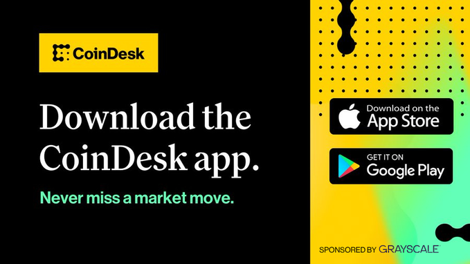 The image is an advertisement promoting the CoinDesk app, featuring the CoinDesk logo and text urging users to "Download the CoinDesk app" with the tagline "Never miss a market move." It displays download buttons for the App Store and Google Play, and is sponsored by Grayscale, aligning with the post's message about staying ahead in the market through the app.