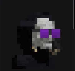 Low-resolution pixel art of a hooded skull-like figure with purple glowing eyes against a black background.
