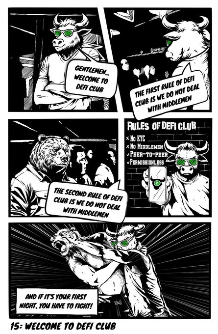 A black and white comic page titled "15: WELCOME TO DEFI CLUB" featuring anthropomorphic animals (a bull, a bear, and a dog with green sunglasses) stating rules of DeFi such as "No KYC," "No Middlemen," and "Permissionless," with the final panel showing the dog carrying a defeated bull.