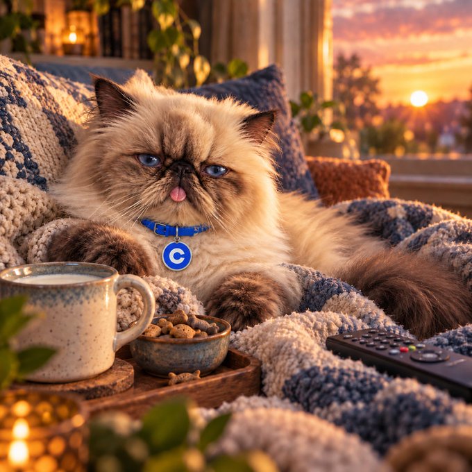 A fluffy Himalayan cat lounges on a chunky knit blanket with a tiny tongue out, wearing a blue collar tagged with a "C," next to a bowl of treats, a mug, and a remote control as the sun sets in the background—perfectly capturing a lazy, indulgent Sunday.