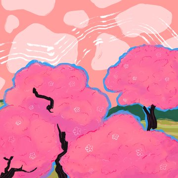 A digital illustration depicts pink cherry blossom trees with dark trunks against a salmon-colored sky with swirling white clouds.