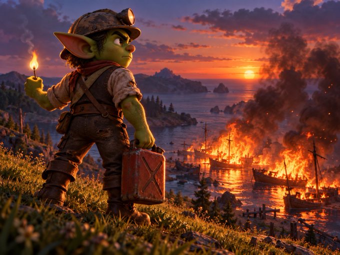 Digital artwork of a green-skinned goblin character wearing a mining helmet, holding a lit match and a red jerrycan, watching burning ships in a harbor at sunset.