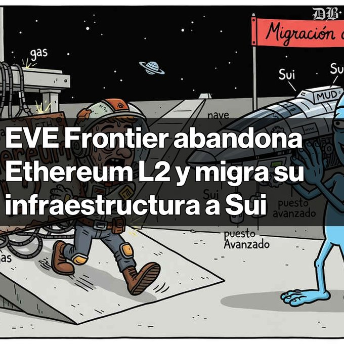 A cartoon scene depicting space migration with an astronaut and alien, overlaid with Spanish text: 'EVE Frontier abandona Ethereum L2 y migra su infraestructura a Sui', featuring labels 'Migración', 'Sui', and 'puesto Avanzado'.