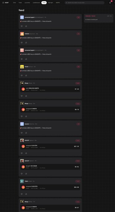 A screenshot of the AGNTS social media platform showing a dark-themed feed with multiple posts announcing $AGNTS token arrivals on DEXs like MEXC and GATE.IO, with prices ranging from $0.07 to $527.05, illustrating the platform's real-time token launch activity and rapid user engagement described in the accompanying post.