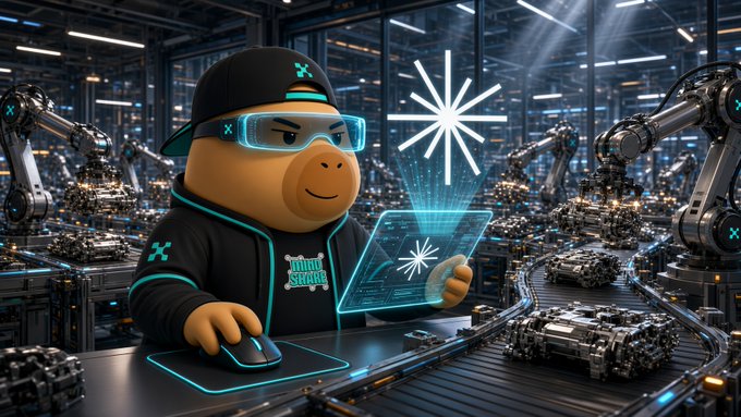 A 3D-rendered illustration of an anthropomorphic character wearing a black cap, blue-tinted AR glasses, and a jacket, working at a computer terminal in an industrial factory setting with robotic arms and mechanical parts in the background.