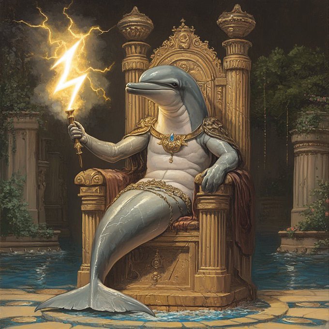 A fantasy illustration of an anthropomorphic dolphin with a muscular humanoid upper body, wearing gold jewelry and holding a lightning bolt-shaped weapon, sitting on a golden throne.