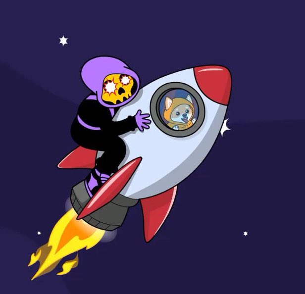 A cartoon-style illustration showing a hooded figure with a melting skull face riding a rocket ship through a starry night sky, with a Shiba Inu dog visible through the rocket's porthole window.