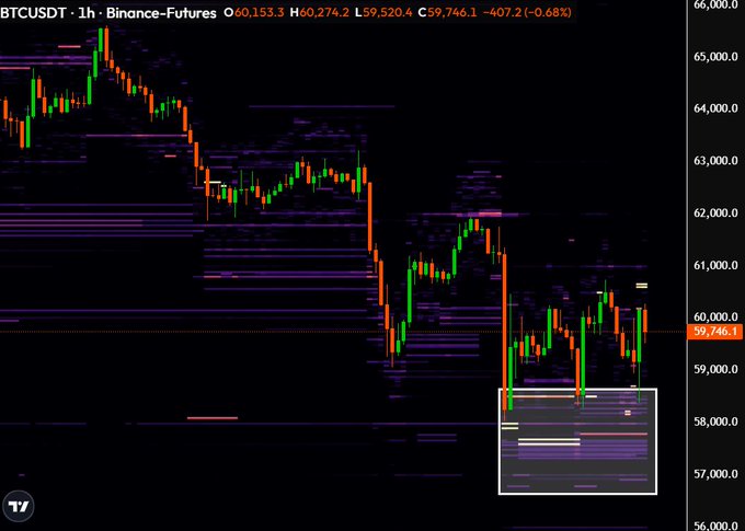A 1-hour BTCUSDT candlestick chart from Binance-Futures showing a current price of $59,746.1, with a highlighted white box around the $57,000–$58,000 zone containing dense horizontal volume bars indicating massive buy-side liquidity supporting that demand level.