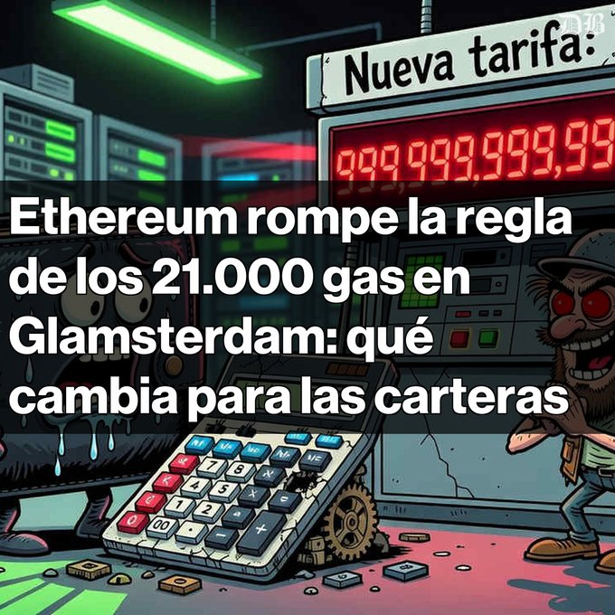 An illustrated cartoon scene with Spanish text "Ethereum rompe la regla de los 21.000 gas en Glamsterdam: qué cambia para las carteras" overlaid on a gas station setting with a calculator and a "Nueva tarifa" sign.