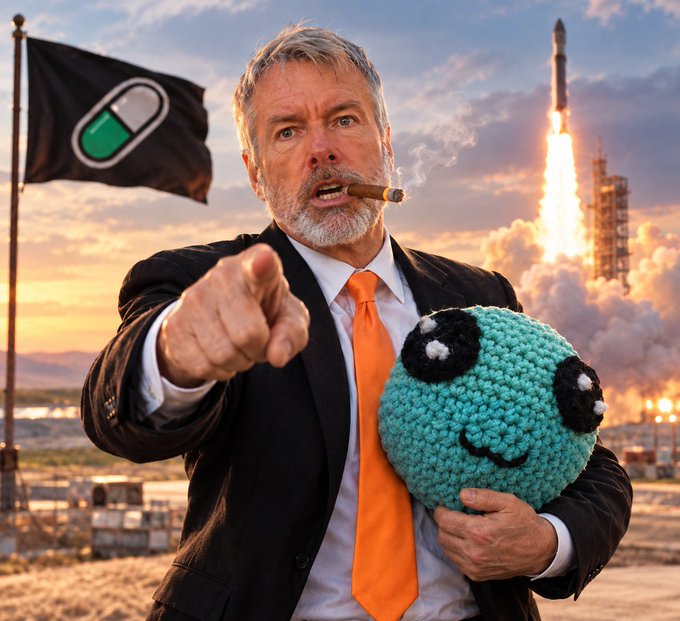 A man in a black suit and orange tie angrily points at the camera while smoking a cigar and holding a teal crocheted plush toy, with a rocket launching and a black flag featuring a pill capsule logo in the background.