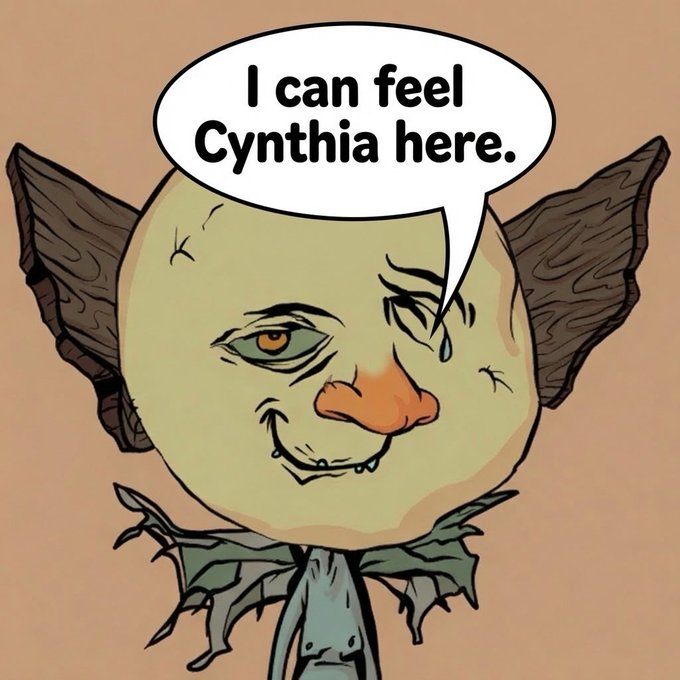 A cartoon illustration of a goblin-like creature with large ears and a greenish face saying 'I can feel Cynthia here' in a speech bubble.