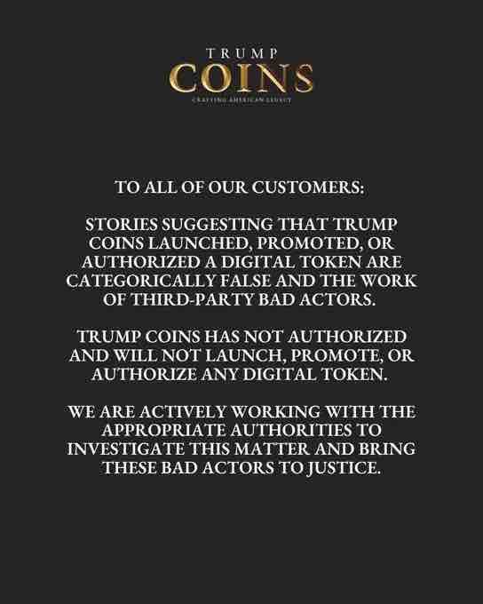 A disclaimer from "Trump Coins - Crafting American Legacy" stating they did not launch, promote, or authorize any digital token and are investigating "bad actors." The image contradicts the accompanying post, which details a Solana token called "GOLD" that was pumped by a now-deleted tweet from an account posing as the real Trump Coins, leading to an ~82.45% supply dump.