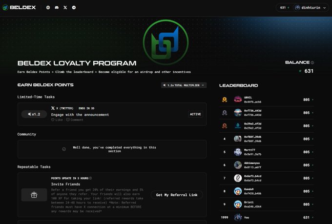 A screenshot of the 'BELDEX LOYALTY PROGRAM' dashboard, showing a balance of 631 and a leaderboard with user rankings.