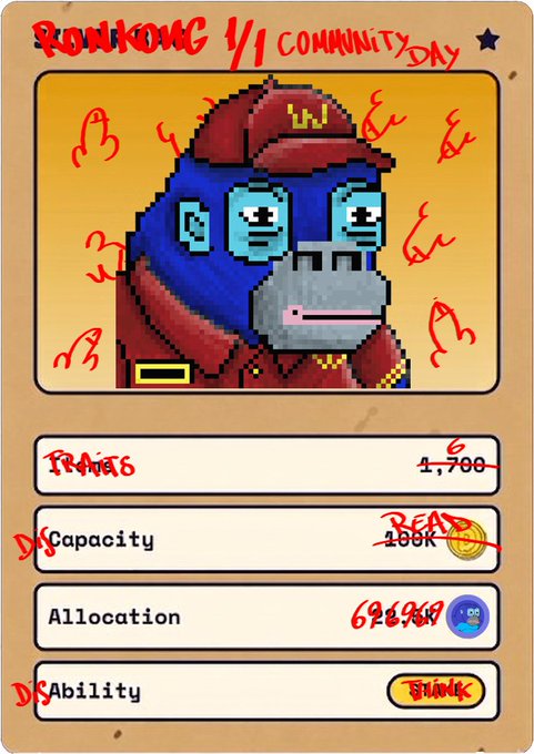 A pixelated trading card titled 'RONKONG 1/1 COMMINITY' featuring a blue monkey in a red cap and jacket, with stats listed as 'PRICE 1,700', 'CAPACITY BFA 100K', 'ALLOCATION 696%', and 'ABILITY NONE'.