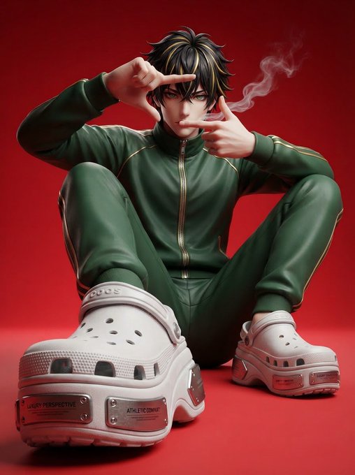 An anime-style illustration of a young man in a green tracksuit and oversized white Crocs, sitting on the floor against a red background while making hand gestures.