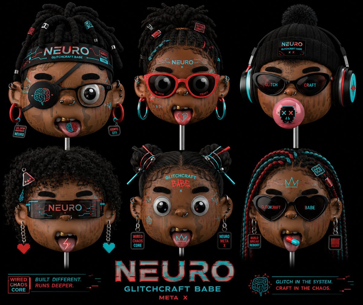 Promotional artwork titled 'NEURO GLITCHCRAFT BABE META X' displaying six stylized character dolls with glitch-effects, cyberpunk accessories, and tags reading 'WIRED CHAOS CORE', 'BUILT DIFFERENT. RUNS DEEPER.', and 'GLITCH IN THE SYSTEM. CRAFT IN THE CHAOS.'