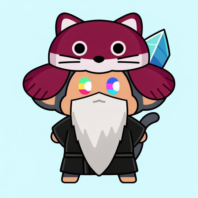 A cartoon character wearing a purple cat hat with a blue crystal, featuring a long white beard and colorful glowing eyes.