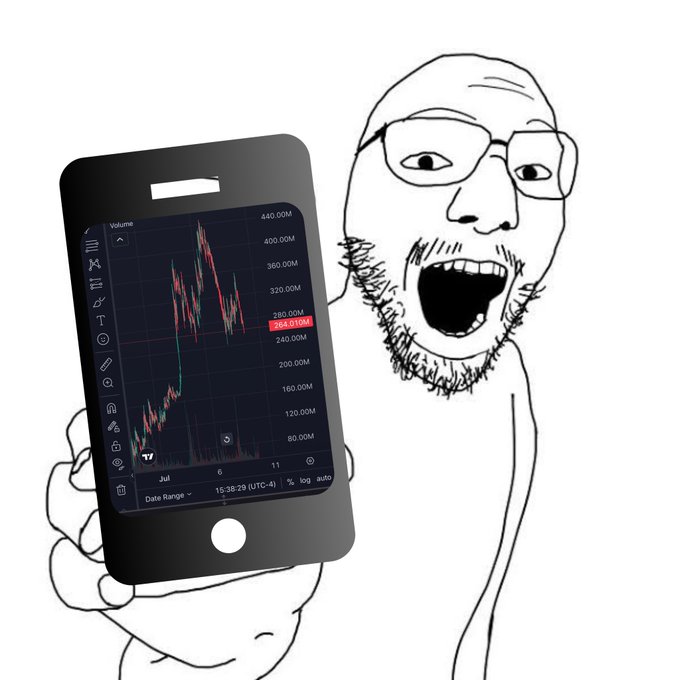 A crudely drawn wojak with glasses and an open-mouthed grin holds up a smartphone displaying a candlestick chart with prices ranging from 80.00M to 440.00M, showing a value of 284.010M. The image humorously depicts the euphoric expression of someone who held through a massive price surge from $4M to $400M, mocking those who "fudded" (shilled bearish sentiment) along the way.