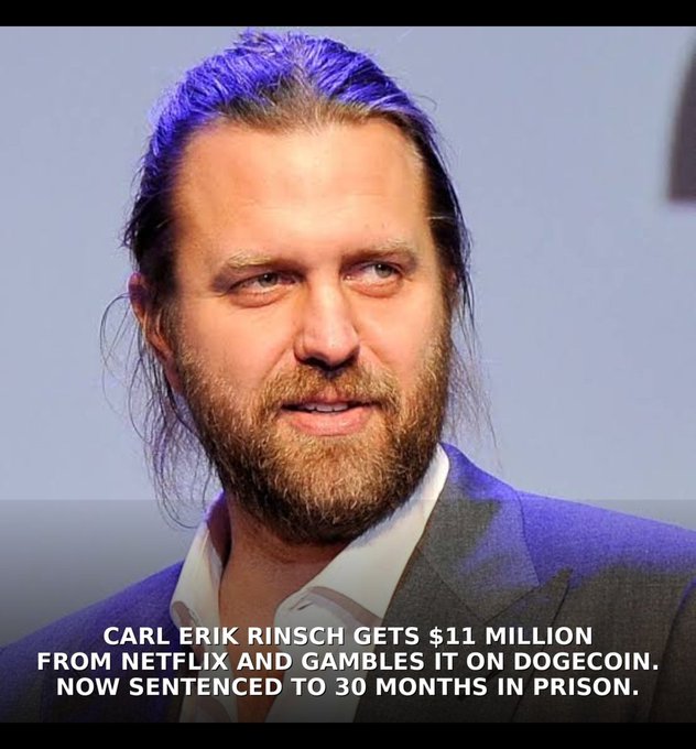 A news-style image of a bearded man in a suit with text reading: 'CARL ERIK RINSCH GETS $11 MILLION FROM NETFLIX AND GAMBLES IT ON DOGECOIN. NOW SENTENCED TO 30 MONTHS IN PRISON.'