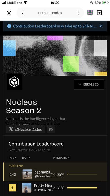 The image shows a mobile interface for Nucleus Season 2 with a contribution leaderboard, where the user "baomobi..." is ranked 243rd with 0.06% mindshare, and "Pretty Mira" holds the top spot with 4.61%. The post relates to the image by highlighting Nucleus's clean mobile interface design and the Season 2 campaign to earn $AURA tokens, noting that only top participants will receive rewards.