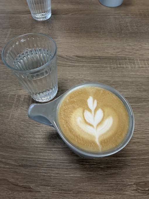 A top-down photo of a latte with leaf latte art in a gray mug next to a glass of water on a wooden table.