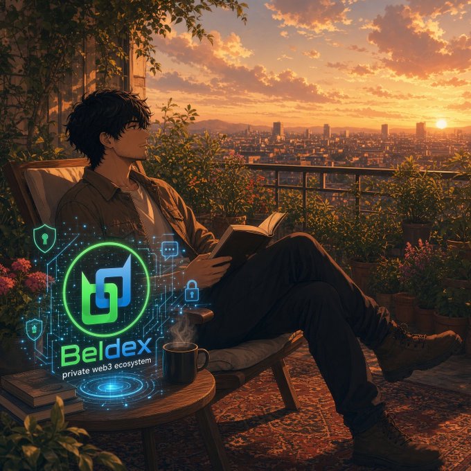 An anime-style illustration shows a young man reading on a balcony at sunset with a city skyline, accompanied by a 'Beldex private web3 ecosystem' logo.