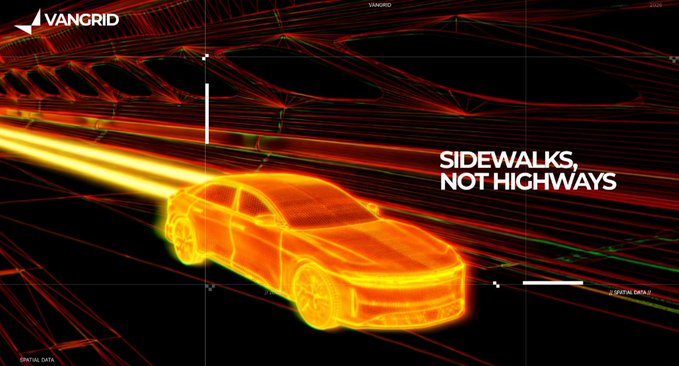 A VanGrid thermal imaging display shows a glowing orange car on a street with the slogan "SIDEWALKS, NOT HIGHWAYS" and "SPATIAL DATA" labels.