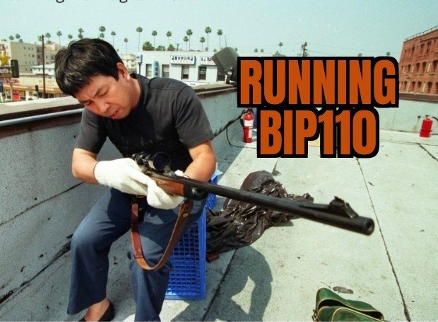 A vintage-style image of a man wearing white gloves examining a rifle on a rooftop, with the orange text 'RUNNING BIP110' overlaid on the right side.