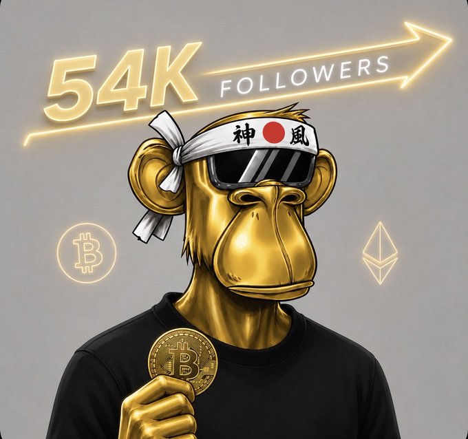 A golden monkey mascot wearing a headband with Japanese characters and a Japanese flag, sunglasses, and holding a Bitcoin coin, with '54K FOLLOWERS' displayed and an upward arrow.