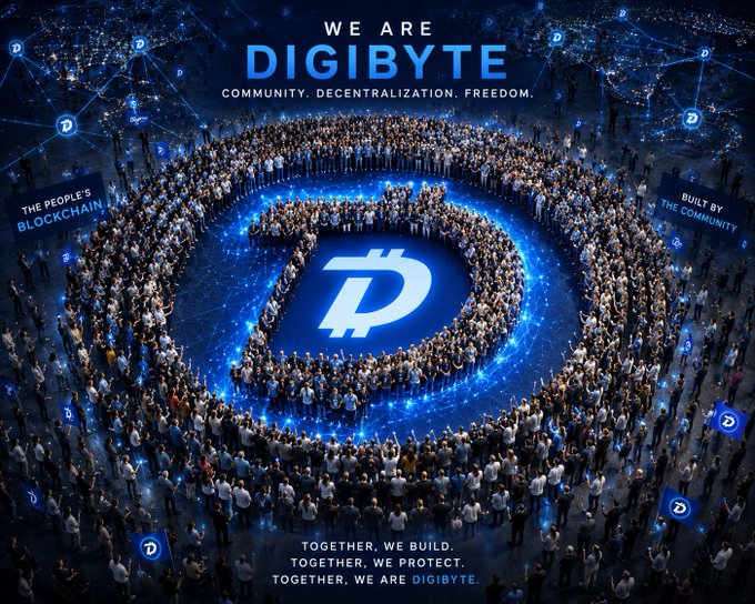 A promotional graphic for Digibyte cryptocurrency displays a large crowd forming the letter "D" around a glowing blue logo, with text reading "We Are Digibyte - Community, Decentralization, Freedom" and "The People's Blockchain."