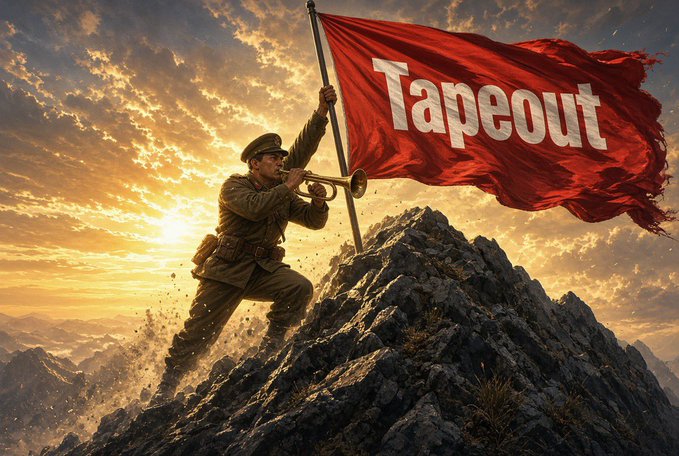 A dramatic digital artwork showing a WWII-era soldier in a military uniform planting a large red flag with 'Tapeout' written in white text onto a rocky mountain peak at sunset, evoking the iconic Iwo Jima flag-raising scene.
