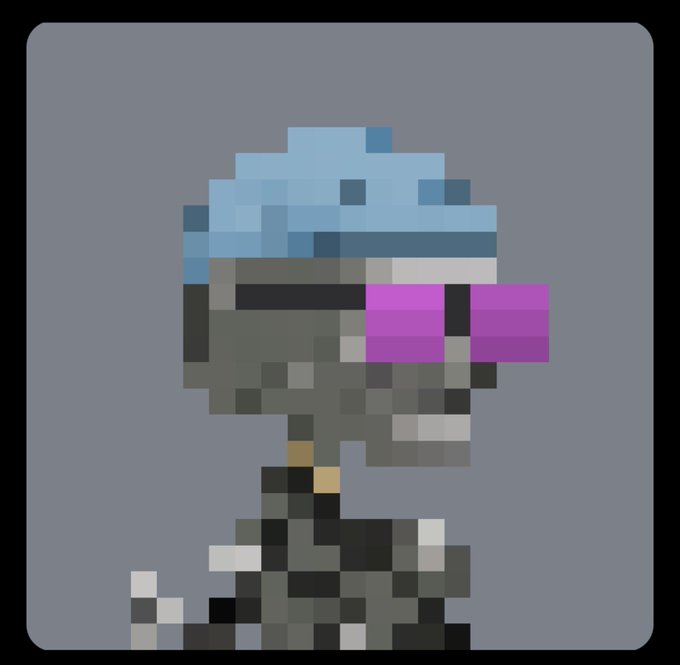 A pixel art character with a blue helmet, gray face, and a bright pink rectangular accessory is displayed on a gray background.