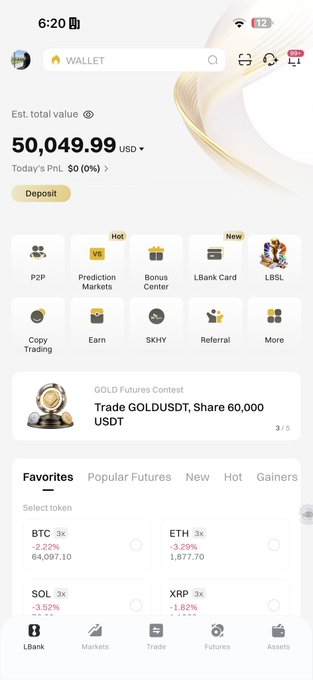 The image shows a mobile crypto trading app dashboard displaying an estimated total value of "50,049.99 USD" with a $0 PnL for the day, featuring favorites like BTC (-2.22%), ETH (-3.29%), SOL (-3.52%), and XRP (-1.82%), alongside a GOLD Futures Contest banner. It visually represents the starting $50,000 balance of the "$50K TO $1M CHALLENGE" trading journey, capturing the initial portfolio state before the journey toward $1,000,000 begins.