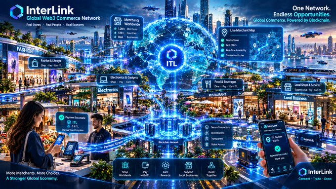 Promotional graphic for InterLink Global Web3 Commerce Network, featuring a futuristic cityscape and text such as 'ITL', 'One Network. Endless Opportunities.', 'Merchants Worldwide', and 'Live Merchant Map'.