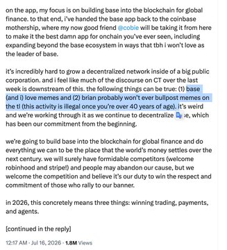 A text excerpt discussing Coinbase's plans to build financial infrastructure on the blockchain, mentioning base memecoins and decentralized finance goals for 2026.