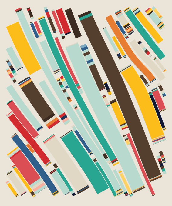 A vibrant abstract composition by generative artist Tyler Hobbs from his Fidenza series (#259), featuring vertically oriented, curved rectangular bars in a rich palette of teal, mustard yellow, red, brown, blue, and cream scattered across an off-white background. The colorful, interlocking stripes evoke the look of books stacked on a shelf or a playful riff on Mondrian-style geometric abstraction, rendered entirely through algorithmic code.