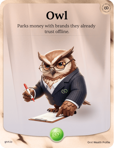 A trading card-style image titled 'Owl' with description 'Parks money with brands they already trust offline,' depicting an anthropomorphic owl in a pinstripe suit holding a pen and clipboard.