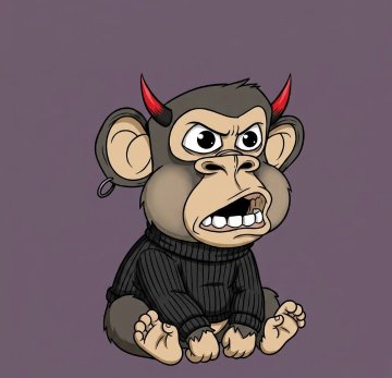 An illustration of a menacing cartoon monkey wearing a black ribbed sweater, featuring red devil horns and an earring, set against a solid purple background.