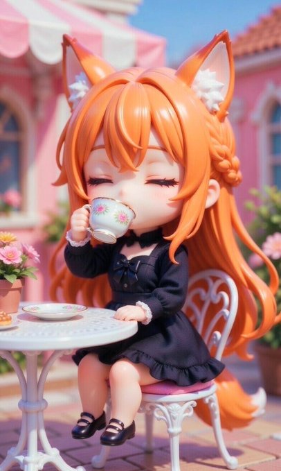 A chibi-style anime figurine of an orange-haired fox girl with cat ears, wearing a black dress, sipping tea from a floral teacup at a white café table outdoors.
