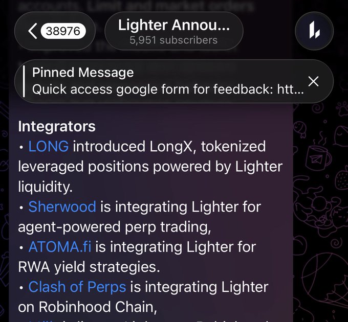 A screenshot of a Telegram channel named "Lighter Annou..." listing integrations including LONG, Sherwood, ATOMA.fi, and Clash of Perps.