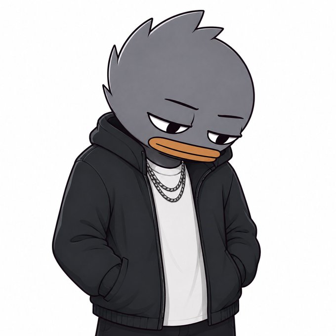 A cartoon illustration of a gray duck character wearing a black hoodie, white shirt, and silver chains, standing with hands in pockets.