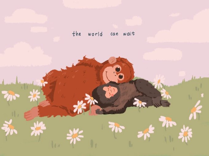 A cartoon illustration shows a smiling orangutan and a chimpanzee cuddling together in a meadow of white daisies under a pastel pink sky, with the handwritten text "the world can wait" floating above them. The peaceful, nostalgic scene reflects the post's affectionate tone toward the iconic monkey mascot behind the $PUNCH memecoin, emphasizing the coin's history and cozy "vibe" as part of its appeal.