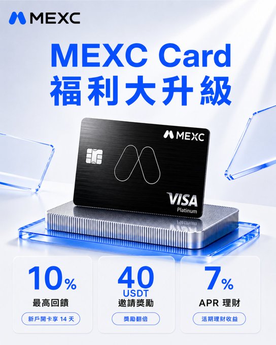 A promotional image for the MEXC Card featuring a sleek black Visa Platinum card on a metallic stand, advertising upgraded benefits including 10% cashback for new users, up to 40 USDT in referral rewards, and 7% APR flexible savings.
