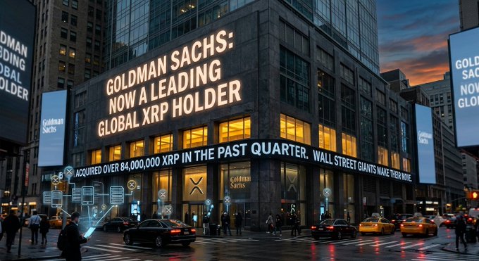 The image shows a Goldman Sachs building at dusk with illuminated billboards declaring "GOLDMAN SACHS: NOW A LEADING GLOBAL XRP HOLDER" and noting the acquisition of "OVER 84,000,000 XRP IN THE PAST QUARTER," visually reinforcing the post's claim that the Wall Street giant has aggressively accumulated XRP on a massive scale.