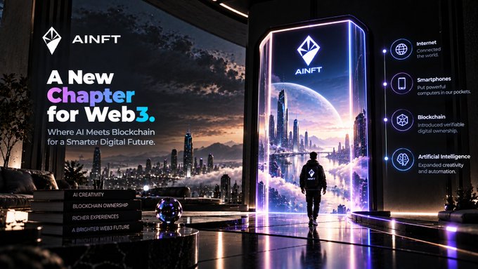 An AINFT promotional banner titled 'A New Chapter for Web3,' highlighting AI creativity, blockchain ownership, and verifiable digital ownership across Internet, smartphones, blockchain, and artificial intelligence.